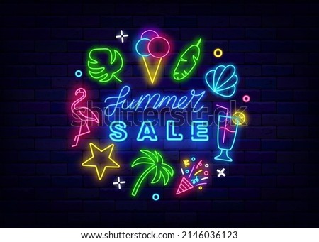 Summer sale neon circle template with line icons. Season shopping label. Marketing concept. Night bright banner. Glowing effect promotion. Editable stroke. Vector stock illustration