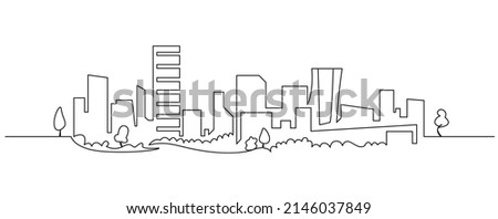 Modern cityscape continuous one line vector drawing. Metropolis architecture panoramic landscape. New York skyscrapers hand drawn silhouette. Apartment buildings isolated minimalistic illustration Royalty-Free Stock Photo #2146037849
