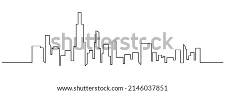 Modern cityscape continuous one line vector drawing. Metropolis architecture panoramic landscape. New York skyscrapers hand drawn silhouette. Apartment buildings isolated minimalistic illustration Royalty-Free Stock Photo #2146037851