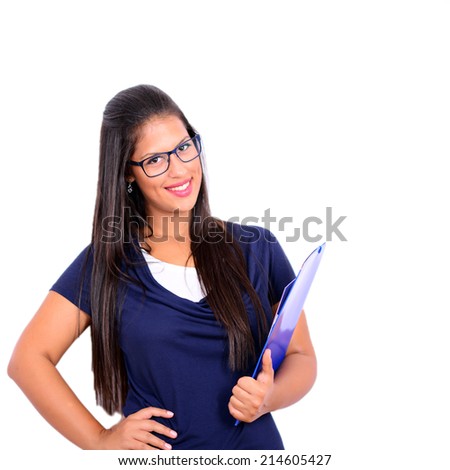 Portrait of smiling business woman with paper folder isolated on white background