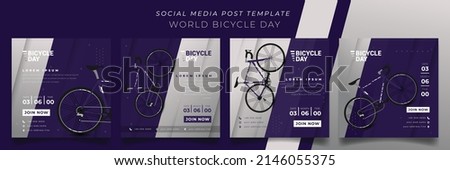 Set of social media post template in purple square background for world bicycle day design