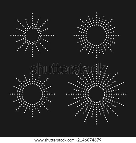 Set of drops suns from graphic elements. Simple graphic style. Universal use.  White objects isolated on black background.