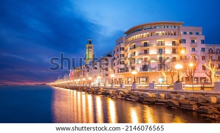 Panoramic view of Bari, Southern Italy, the region of Puglia(Apulia) seafront at dusk. Royalty-Free Stock Photo #2146076565