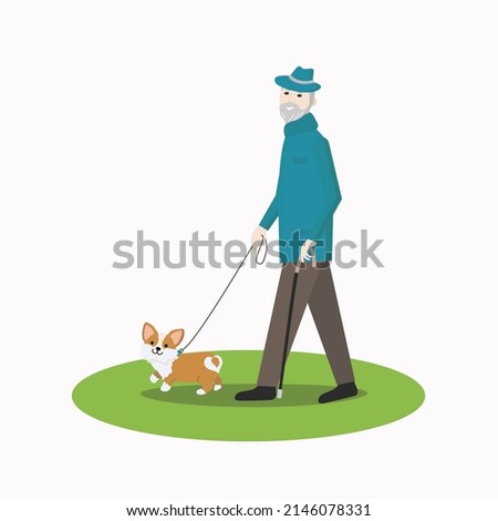 An elderly man walks with a pet. Grandfather and dog. Corgi dog for a walk with the owners. Vector illustration with people and animals.