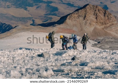 Winter trekking scene in the volcano pico de orizaba in mexico
