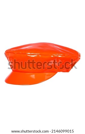 Neon orange rock avant-garde eccentric special lacquered vegan leather fashion design one size cap hat to be on limelight isolated on the white background  Royalty-Free Stock Photo #2146099015
