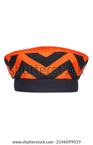 Black and orang zigzag design romantic avant-garde eccentric special fashion cotton hat to be on limelight isolated on the white background  Royalty-Free Stock Photo #2146099019