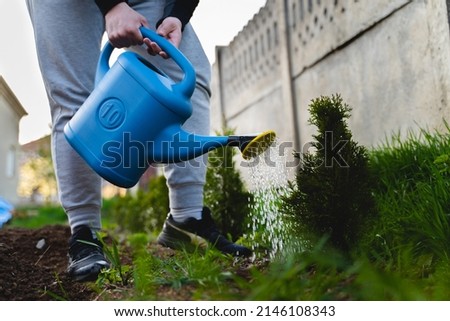 A young man is watering his plant in his backyard garden during the day