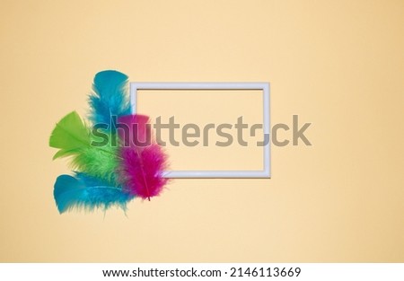 Colorful feathers by the white frame. Pastel yellow background.
Creative negative space.Flat lay photo.