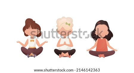 Little girls are meditating. Children's meditation. Cartoon style. Set isolated on a white background.