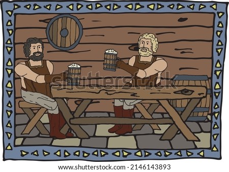 Illustration of medieval beer drinking in a stylized frame. Middle Ages, blacksmith shop, beer, recreation, hard worker, ready to use, eps. For your design