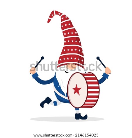 Patriotic american gnome. Cute scandinavian dwarf with drum. Elf celebrate Independence day in the United States. Happy 4th of july. Vector illustration in flat cartoon style. National freedom day.