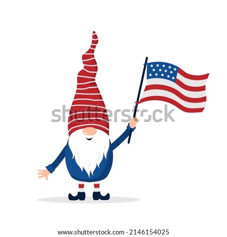 Patriotic american gnome. Cute scandinavian dwarf with flag. Elf celebrate Independence day in the United States. Happy 4th of july. Vector illustration in flat cartoon style. National freedom day.