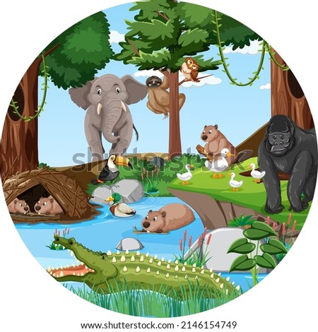 Forest in round shape with wild animals illustration