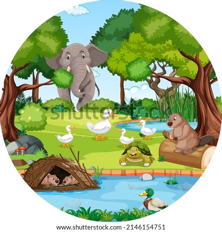 Forest in round shape with wild animals illustration