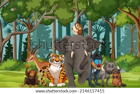 Forest scene with wild animals group illustration