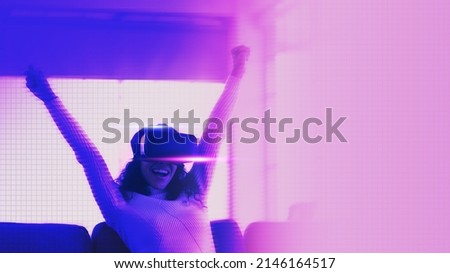 Woman in VR glasses, metaverse hologram. Women use VR virtual reality goggles and experiences of metaverse virtual world for business future. Metaverse Technology concept.