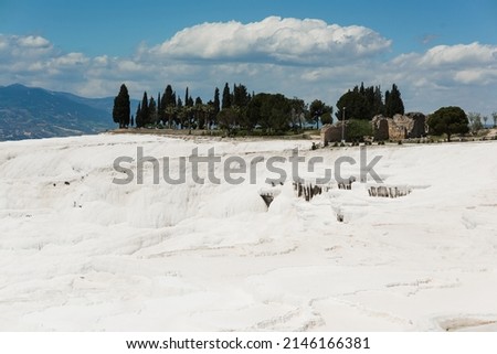 Panoramic view of travertines of Pamukkale (cotton castle) - unique nature wonder in Turkey Royalty-Free Stock Photo #2146166381