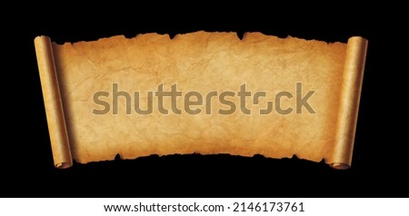 Old paper horizontal banner. Parchment scroll isolated on black background