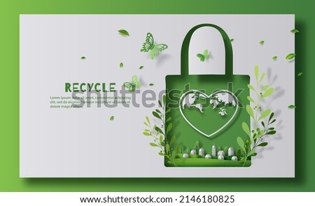 Recycle banner design, reusable shopping bag with heart earth logo, save the planet and energy concept, paper illustration. Royalty-Free Stock Photo #2146180825