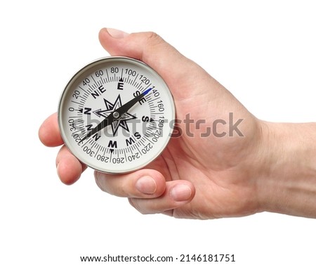 Hand holding traditional magnetic compass, vintage retro style, isolated on white background