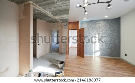 Impressive transformation of empty, untidy walls, ceiling and floor into stylish and cozy living room after renovation. Illustration of how repair can change apartment. Concept of home renovation.