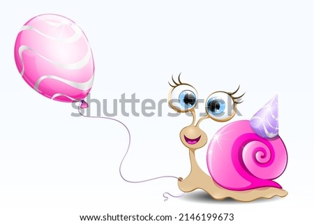 Funny cartoon snail girl with pink balloon and birthday cap. 