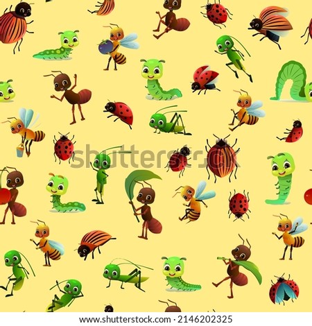 Set of insects persons. Wildlife object. Ant, ladybug and caterpillar. Seamless pattern, bee and grasshopper. Little funny Cute cartoon style. Vector.