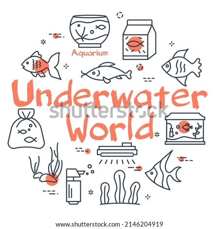 Underwater world linear vector concept. Line art black icons on white background with red letters