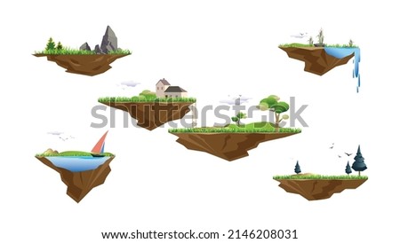 Set of game elements. The platforms with grass, trees, mountains, stones, houses, lakes with cattail bushes and a sailboat, a waterfall, others. Vector drawings for mobile games.