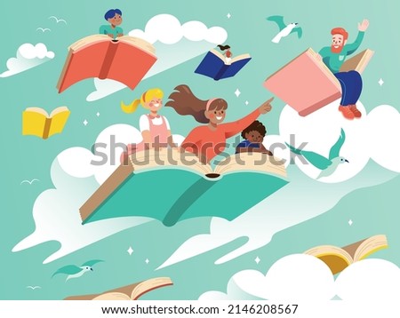Learning wisdom and exploring new horizons. Flying on book covers in abstract and creative literature world. Family flying over book covers. Royalty-Free Stock Photo #2146208567