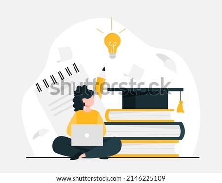 Concept of education. Girl sits in lotus position with books and graduation cap. Self development metaphor, female student preparing for test or exam, homework. Cartoon flat vector illustration Royalty-Free Stock Photo #2146225109