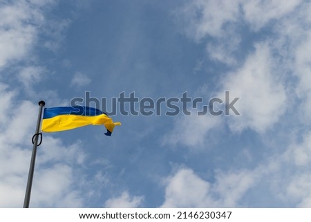 Flag of Ukraine. A sky blue and yellow bicolor. Ukraine flag isolated on sky background. Close up waving flag of Ukraine with copy space.