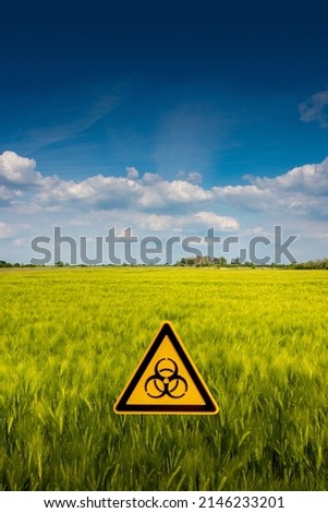 Peaceful landscape with blue sky and yellow wheat field marked with a sign of nuclear war radiation threat with copy space background. Concept war in Ukraine, potential nuclear world war