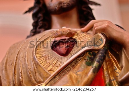 Sacred Heart of Jesus Christ - Jesus shows his own heart, symbol of God's love - Nine First Fridays Devotion Royalty-Free Stock Photo #2146234257