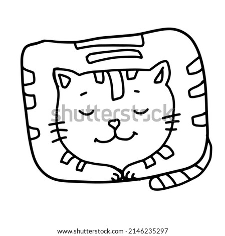 a drawing of a cat drawn by hand in black and white lines, a contour doodle of a cat that licks its fur