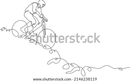 One continuous line. Cyclist on a bike in the mountains. Mountain bike. Extreme sport.Man cyclist.One continuous line drawn isolated, white background.