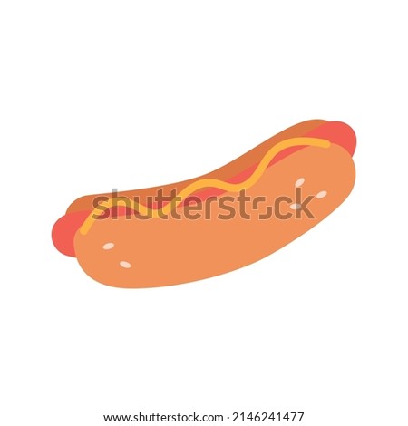 Hot dog with sausage and mustard sauce between long buns. Fast food.Vector illustration cartoon flat style.