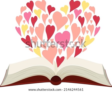 Opened book with many hearts forming a heart illustration