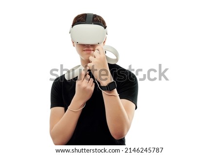 Man, guy uses virtual reality glasses. isolate.
