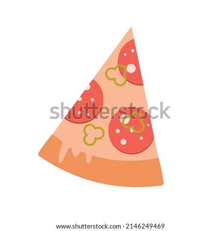 Pizza slice with salami sausages, pepperoni and mozzarella cheese icon. Italian fast food. Vector illustration cartoon flat style.