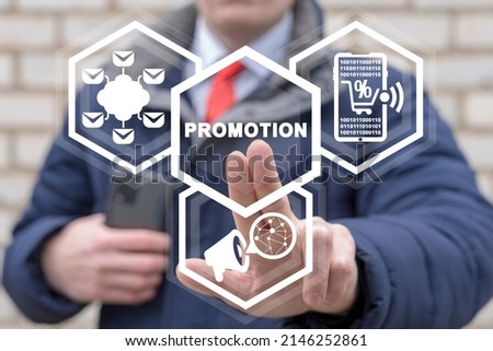 Social media promotion business marketing concept. Advertisement offering sale and discount. Businessman using virtual touchscreen presses promotion word. Royalty-Free Stock Photo #2146252861