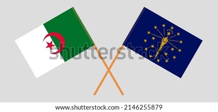 Crossed flags of Algeria and the State of Indiana. Official colors. Correct proportion. Vector illustration
