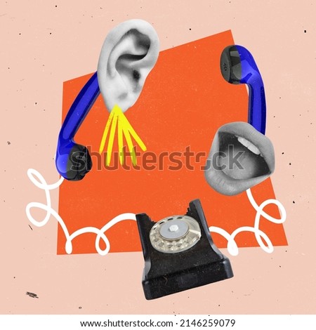 Contemporary art collage. Human ear and mouth with phone elements talking, dealing with business questions. Concept of career, communication, cooperation. Conceptual artwork Royalty-Free Stock Photo #2146259079