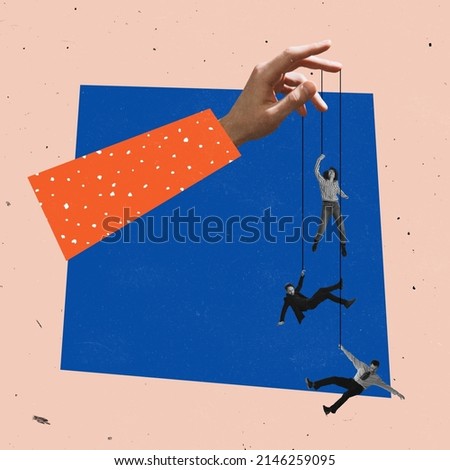 Contemporary art collage. Hand holding strings attached to business people, employees. Concept of manipulation, control, freedom, position, career, business. Copy space for ad Royalty-Free Stock Photo #2146259095