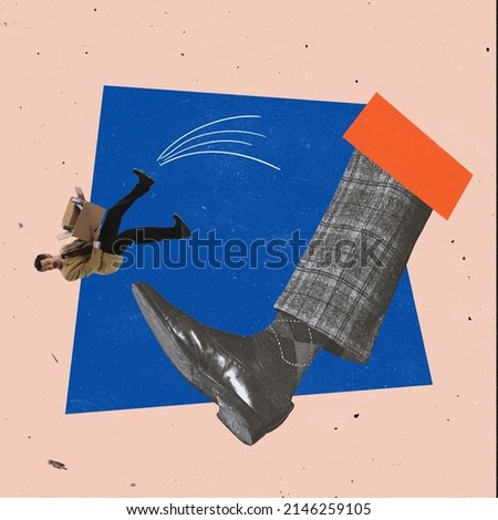 Contemporary art collage. Giant leg kicking employee, businessman symbolizing job dismissal. Challenges of loosing job. Concept of business, struggles, failure, discharge Royalty-Free Stock Photo #2146259105