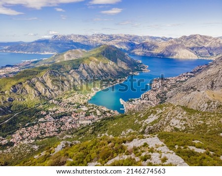 Montenegro. Bay of Kotor, Gulf of Kotor, Boka Kotorska and walled old city. Fortifications of Kotor is on UNESCO World Heritage List since 1979 Royalty-Free Stock Photo #2146274563