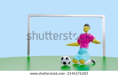 3d render. The character plastic football goalkeeper kneels next to the ball.