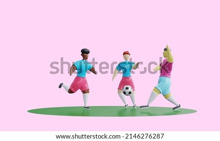 3d render. Football players with different skin colors and nationalities kick the ball on the field. Soccer game