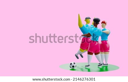3d render. Characters Football players with different skin, hair and nationality colors hug each other and rejoice in victory. Soccer game